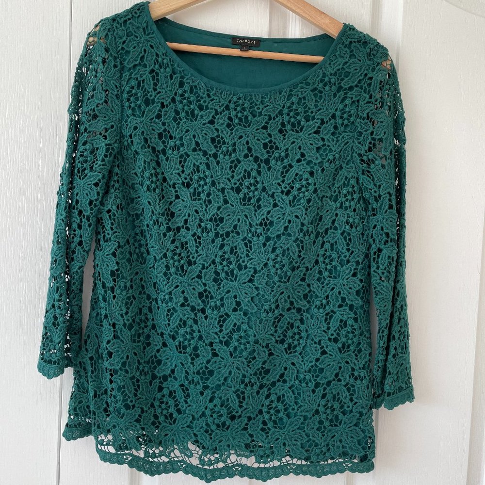 Talbots Blouse  Green Crochet Lace Overlay Cotton Classic 3/4 Sleeve Size 6